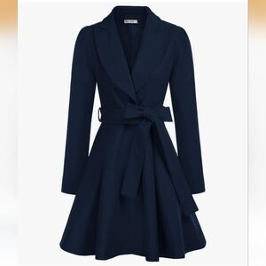 Navy Blue GRACE KARIN Notch Lapel Long Sleeve A-Line Pea Coat